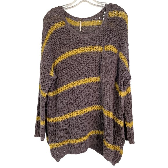 Free People XS - M Oversized Knit Sweater Gray & Yellow Striped Pullover RY10631 - Picture 7 of 10